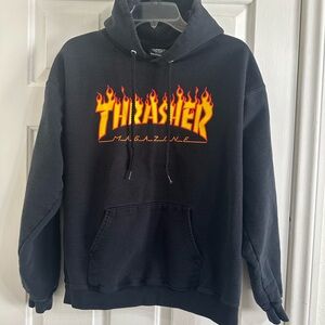 Black vintage Thrasher Magazine hoodie with Red and Orange Flame Design